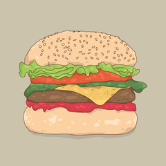 Delicious classic beef cheeseburger hand drawn cartoon character vector illustration