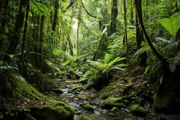 Obraz premium Lush Greenery and a Tranquil Stream in a Tropical Rainforest