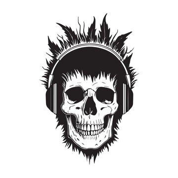skull wearing headphones, black and white clip art preview