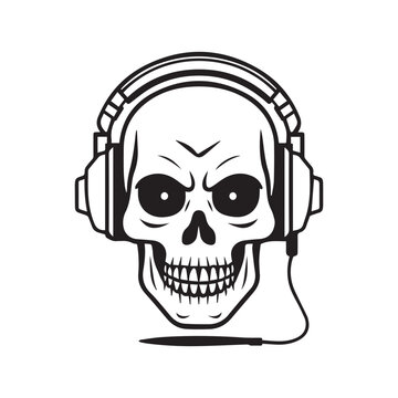 skull wearing headphones black and white clip art preview