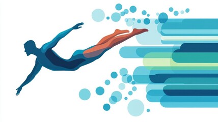 A stylized illustration of a diver gracefully plunging into water, showcasing fluid motion and vibrant colors.