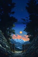 Starry Night in Forest with Wooden Gate, Pathway Leading to Mountains at Sunset, Tranquil Scenic Landscape