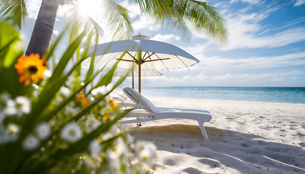 chaise longue au bord d'une plage durant les vacances dans un cadre paradisiaque