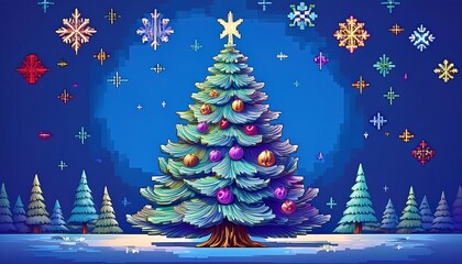 Frosted Christmas Tree scene - A pixel art Christmas tree with a frosty, wintry theme on snowy winter background. Graphic art illustration. Ai Generated