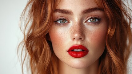 Fototapeta premium Beautiful Girl with Red Lips and Wavy Hair Wearing Bright Makeup - High-Resolution Fashion Photography Stock Photo on White Background