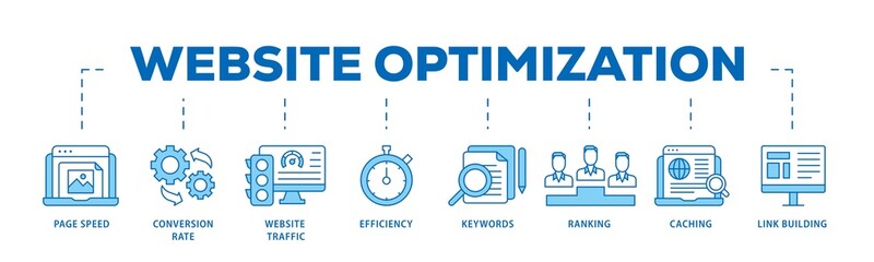 Website optimization icon infographic illustration concept with icon of page speed, conversion rate, website traffic, efficiency, keywords, ranking, caching  icon png and easy to edit 