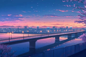 A serene twilight cityscape with cherry blossoms by the riverside.