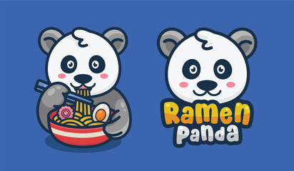 Panda eating ramen noodles logo mascot illustration