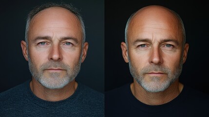 Before and After Photo of Middle-Aged Man with and Without Hair Loss - Male Baldness Concept on Black Background

