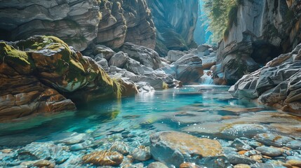 A crystal-clear stream flowing through a rocky gorge.