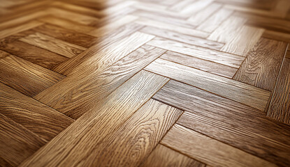 A close-up shot of light wood herringbone flooring, showcasing the intricate patterns and textures...
