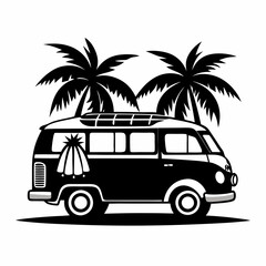 Vintage Beach Van Vector Black silhouette