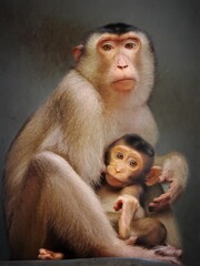 Potrait Mother Southern Boar-Tailed Macaque breastfeeding her baby, 24 August 2024 Indonesia
