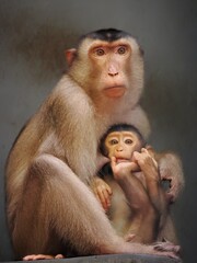 Potrait Mother Southern Boar-Tailed Macaque breastfeeding her baby, 24 August 2024 Indonesia