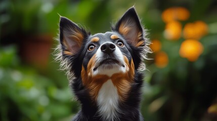 A curious dog looking directly at the camera in a lush garden on a sunny day