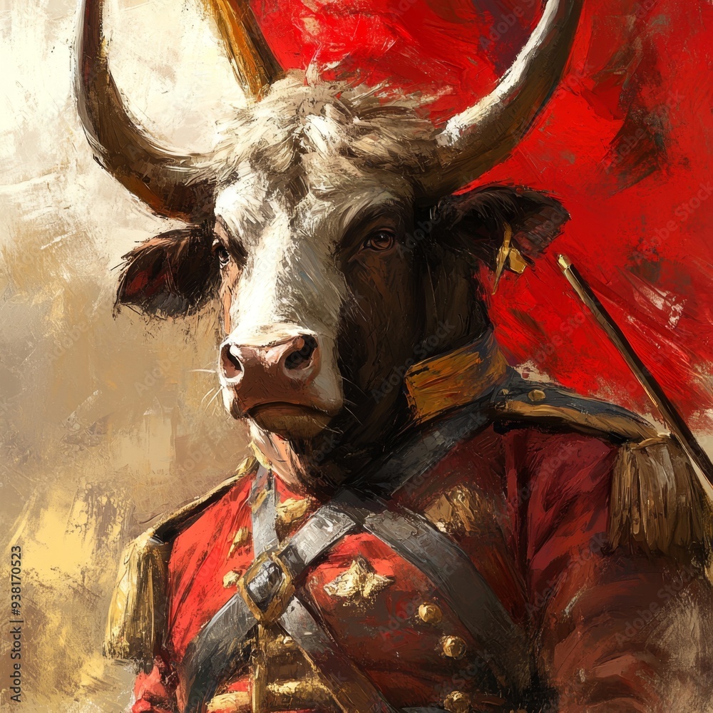 Wall mural whimsical anime-style bull in military uniform: ai-generated creative animal illustration for party 