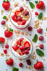Fresh fruit parfaits with strawberries and raspberries surrounded by granola and mint leaves