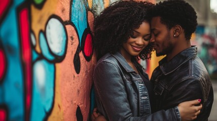 Obraz premium Romantic young African American couple tenderly hugging and kissing against graffiti wall. Lovers express love, tenderness and happiness. Urban style.