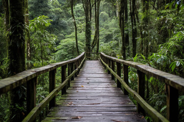 Wooden Bridge Through Lush Green Forest