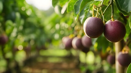 A stunning landscape showcasing a vibrant passion fruit plantation with lush green vines bearing an...