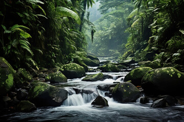 Obraz premium Lush Rainforest River with Mossy Rocks - Tranquil Nature Photography