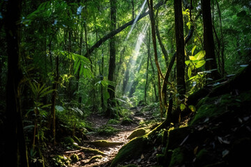 Obraz premium Sunbeams Through Lush Rainforest Path