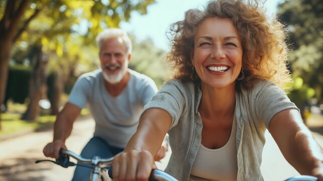 Happy couple riding bikes on sunny day man and woman with bikes and hands on the foreground