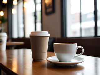 Coffee Cups on Wooden Table in Cozy Cafe Setting Generative AI