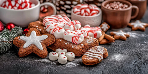 Festive Christmas sweets and cookies in holiday decor composition