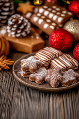 Obraz premium Festive Christmas sweets and cookies in holiday decor composition