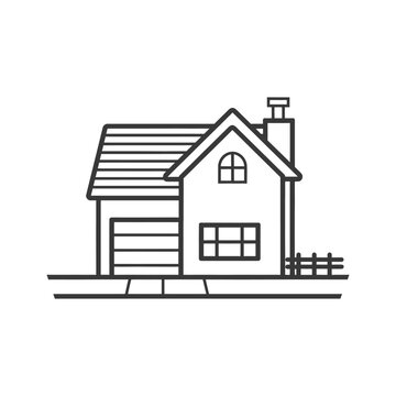 recommend clip art: Black and white line art illustration of a house with a garage and a fence