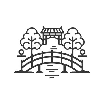 recommend clip art: Black and white line art illustration of a Japanese garden with a bridge and a pagoda