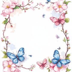 Fototapeta premium Floral Frame with Butterflies: A delicate and whimsical floral frame with fluttering butterflies, perfect for adding a touch of elegance and beauty to your designs. 