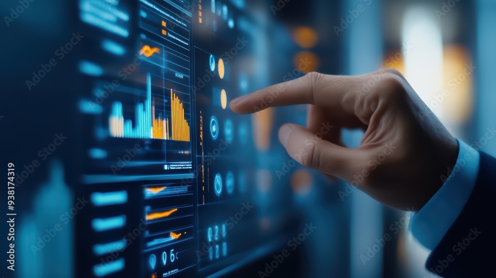 Poster a business professional interacts with a digital interface, analyzing data and metrics displayed on 
