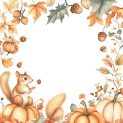 Fototapeta premium Autumn Squirrel Frame: A charming watercolor illustration of an adorable squirrel perched on a pumpkin, surrounded by vibrant autumn leaves, acorns, and pumpkins 