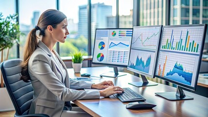 Businesswoman studying financial data on multiple monitors, surrounded by charts, graphs, and spreadsheets, performing quantitative analysis in a modern office setting.