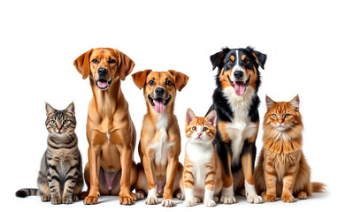 Group of cats and dogs sitting on white background
