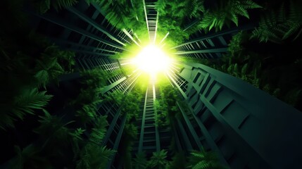 Obraz premium A captivating view from below, showcasing greenery and light filtering through towering structures.