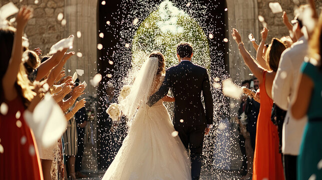 Romantic Wedding Celebration Just Married Ceremony Church Throwing Rice In Love
