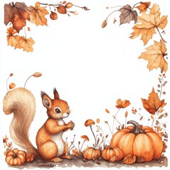 Fototapeta premium Autumn's Cozy Embrace: Adorable Squirrel Amidst Pumpkins and Fall Foliage