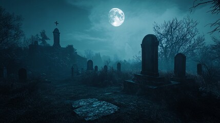 Eerie Atmosphere in a Moonlit Graveyard
