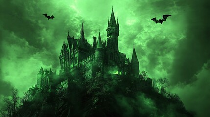 Enchantingly Haunted Gothic Castle on Hill Glowing with Eerie Green Light, Bats Flying - Spooky Fantasy Landscape