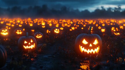 Fototapeta premium Eerie Glow of Carved Pumpkins in a Twilight Pumpkin Patch