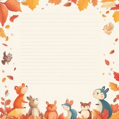 Fototapeta premium Autumn Woodland Letter Paper: A charming woodland scene with cute animals and falling leaves creates a delightful frame for your writing. Perfect for stationery, journals, and notes.