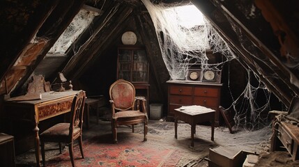 Abandoned Attic of Horrors: Creepy, Dusty Space with Cobwebs and Antique Furniture