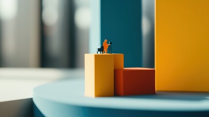 A miniature figurine stands on colorful geometric shapes, symbolizing creativity and innovation in design and architecture.