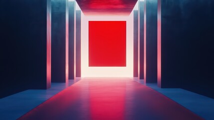 A modern abstract interior featuring a glowing red square, illuminated by soft lights, creating a striking visual contrast.