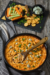 hot buffalo chicken dip in baking dish, top view