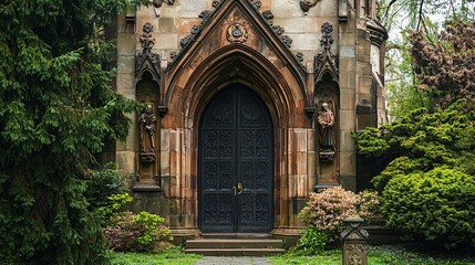 Obraz premium Dark Gothic Mausoleum with Stone Gargoyles and Heavy Iron Door