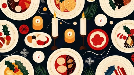 A beautifully arranged festive table with delicious holiday dishes, candles, and decorative elements for seasonal celebrations.